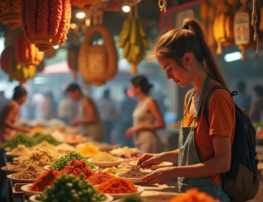 traveler exploring local cuisine in vibrant market