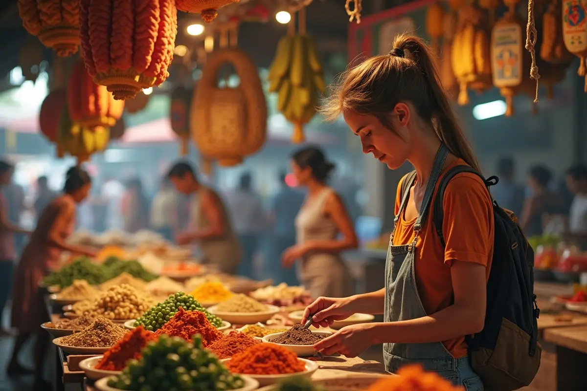 traveler exploring local cuisine in vibrant market