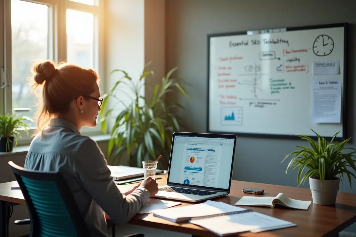business owner learning essential seo strategies to improve website visibility